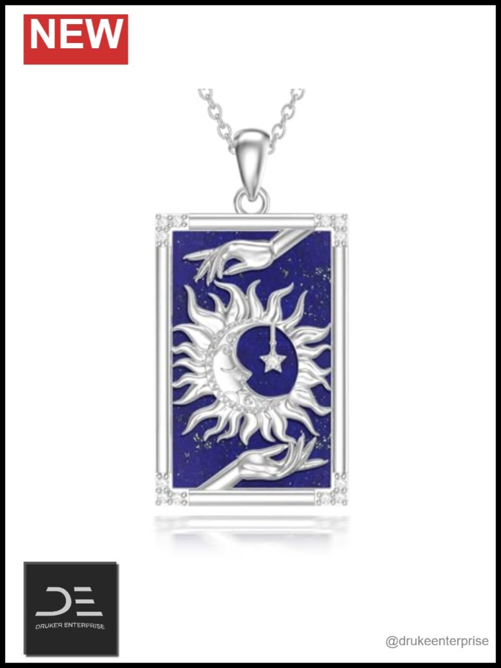 925 Sterling Silver Sun Moon Star Necklace Lapis Lazuli Pendant Women Gift